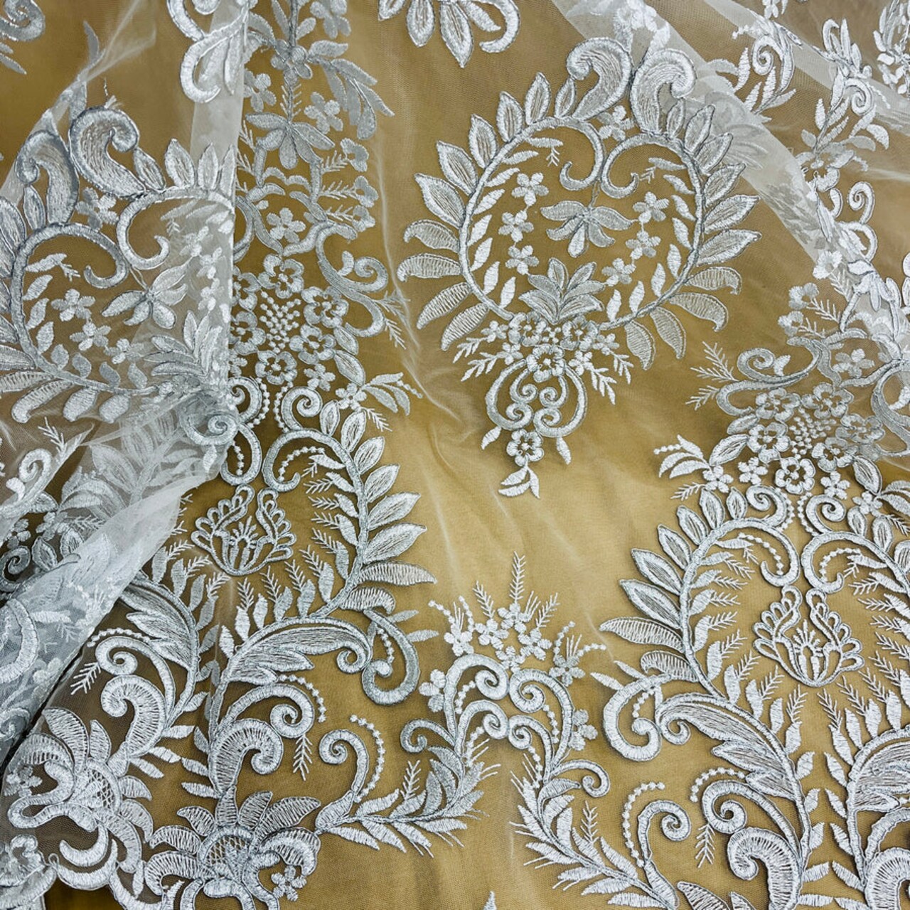 1 Yard Corded Bridal Lace Fabric Embroidered on Polyester Net Mesh Ivory 52 Inches Width